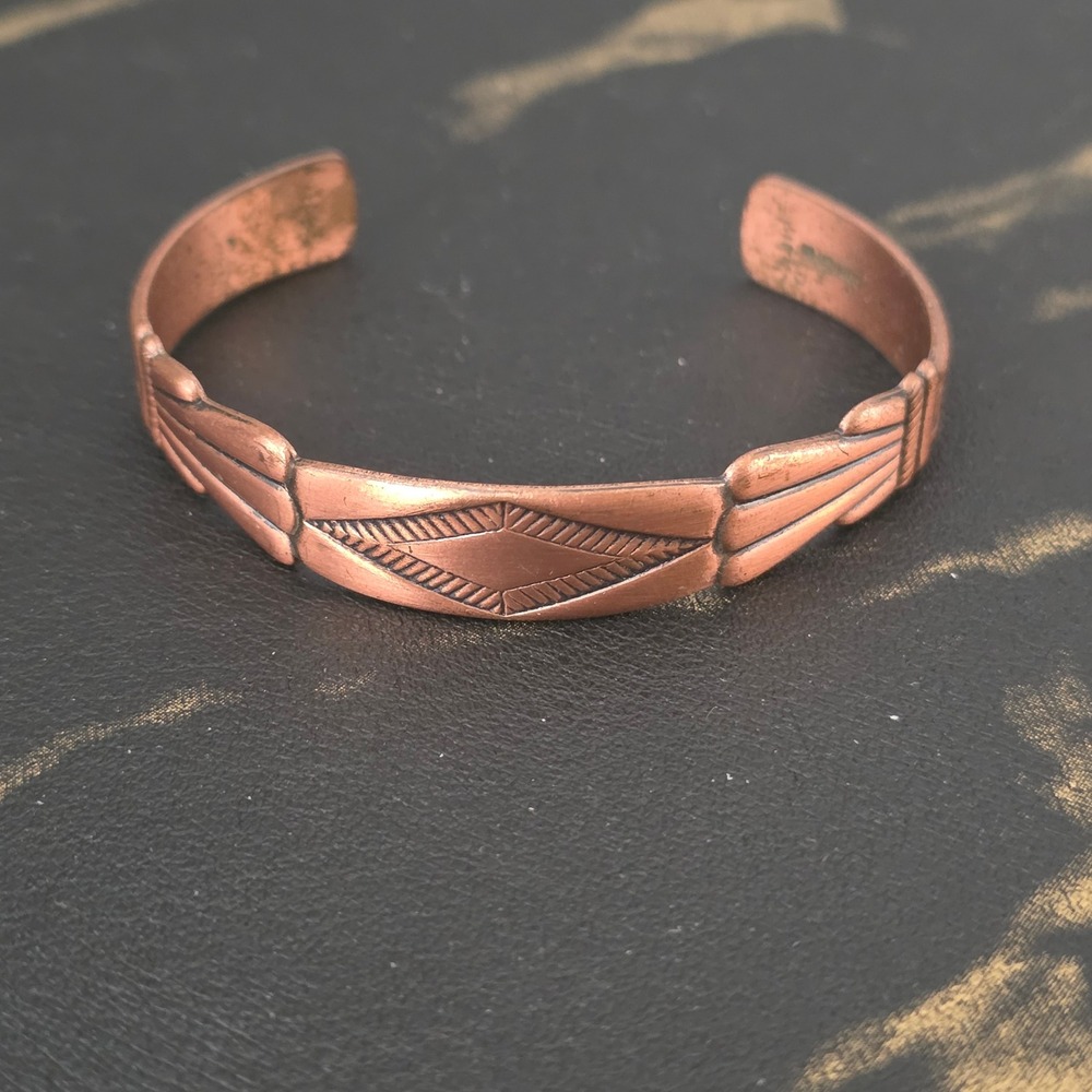 Vintage Copper Cuff Bracelet Stamped Southwestern Diamond Geometric Boho Jewelry